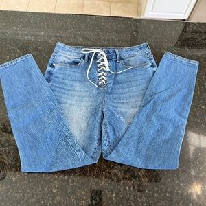 2 Pairs of lace up jeans.  Guess and American Eagle.